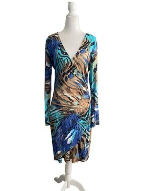 Cachè vintage Blue & Tan Abstract Wrap Dress